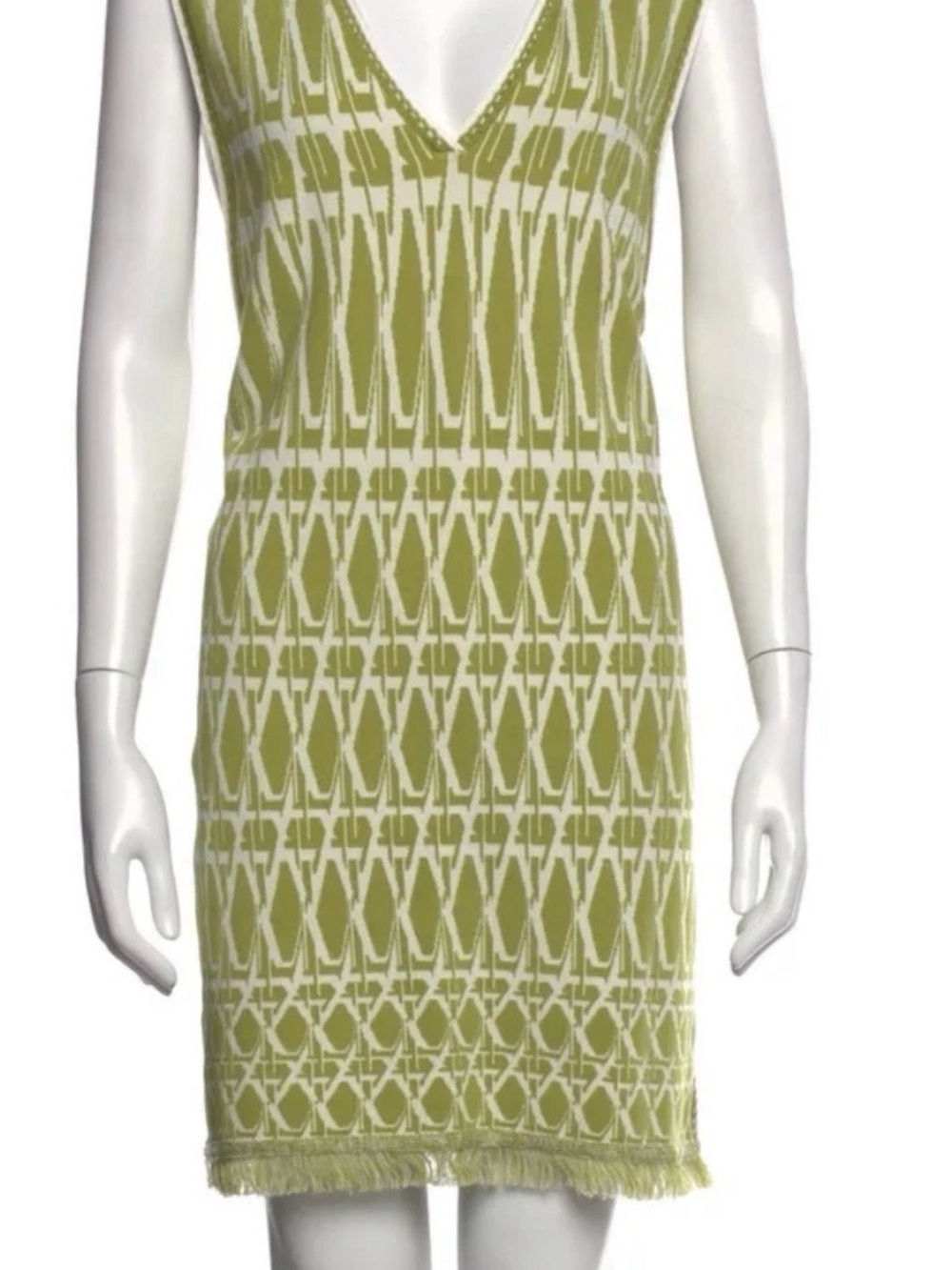 Diane Von Furstenberg Green and White V-Neck Knit Mini Dress